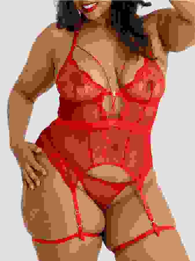 Lovehoney Plus Size Midnight Dream Red Bustier Set, Red, hi-res